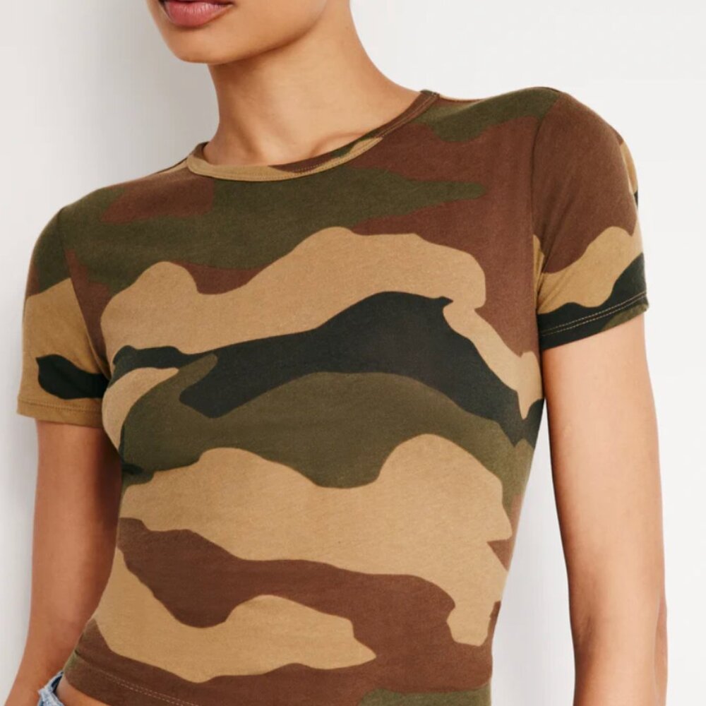 Good American Camo Short Sleeve Tee in Olive, Brown & Tan